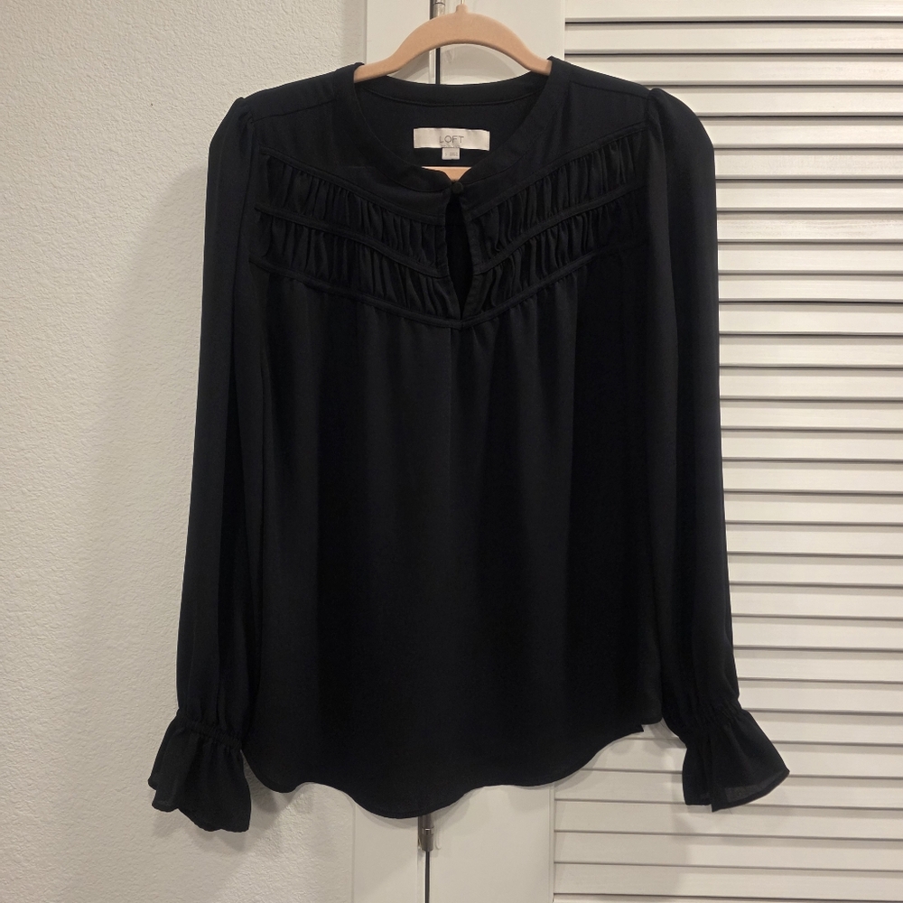 LOFT Ruched Yoke Ruffle Cuff Blouse
